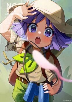 Rule 34 | 1boy, :o, arm up, backpack, bag, belt, binoculars, blush, brown bag, brown belt, budding expeditioner (pokemon), budding expeditioner (pokemon) (cosplay), bugsy (pokemon), collared shirt, commentary request, cosplay, day, gen 1 pokemon, green shorts, hat, holding, holding binoculars, legendary pokemon, male focus, mew (pokemon), mythical pokemon, nintendo, open mouth, outdoors, pokemon, pokemon (creature), pokemon hgss, pokemon tcg, pokemon tcg pocket, purple eyes, purple hair, shirt, short sleeves, shorts, teeth, upper teeth only, wakamewakame282, watermark, yellow hat
