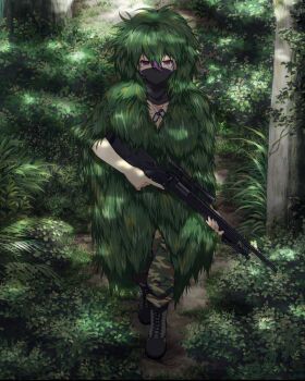 1girl black_mask boots border breasts camouflage camouflage_pants card_(medium) cleavage dappled_sunlight dog_tags english_text forest ghillie_suit grass gun holding holding_gun holding_weapon kunai_hair_ornament kuroudo_(senran_kagura) large_breasts looking_at_viewer mask medium_hair messy_hair military mouth_mask nature official_alternate_costume official_art pants purple_eyes purple_hair rifle scope senran_kagura senran_kagura_new_wave sniper_rifle solo sunlight tree weapon