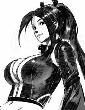 Rule 34 | 1girl, artist name, black hair, breasts, cleavage, fatal fury, fatal fury: city of the wolves, gloves, highres, jacket, large breasts, leather, leather jacket, midriff, miss faves, monochrome, navel, ponytail, shiranui mai, smile, snk, solo, the king of fighters