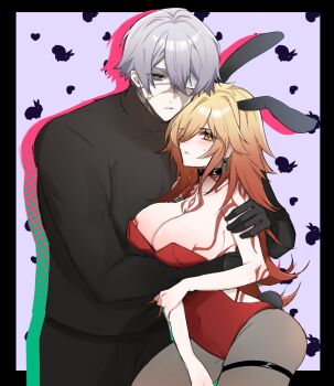 1boy 1girl animal_ears antenna_hair arm_tattoo black_gloves black_pantyhose black_sweater_vest blonde_hair blue_eyes blush braid breast_tattoo breasts chest_tattoo commentary_request eyepatch facial_tattoo fake_animal_ears fake_tail flame_reaver_of_the_deepest_dark genderswap genderswap_(mtf) gloves gradient_hair hetero highres honkai:_star_rail honkai_(series) large_breasts leotard looking_at_viewer medium_hair multicolored_hair mydei_(honkai:_star_rail) pantyhose phainon_(honkai:_star_rail) playboy_bunny pm_p rabbit_ears rabbit_tail red_hair red_leotard red_tattoo short_hair side_braid strapless strapless_leotard sweatdrop sweater sweater_vest tail tattoo thigh_strap turtleneck turtleneck_sweater white_hair yellow_eyes