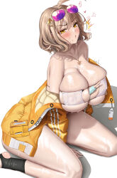 Rule 34 | 1girl, ahoge, anis (nikke), anti kumo, arm between legs, between breasts, bikini, black socks, blush, breasts, brown hair, cleavage, coat, collarbone, commentary request, drooling, eyepatch bikini, eyewear on head, food, food on body, goddess of victory: nikke, hair ornament, highres, huge breasts, jewelry, looking at viewer, necklace, official alternate costume, parted lips, popsicle, saliva, short hair, simple background, sitting, socks, solo, sunglasses, swimsuit, thick thighs, thighs, wariza, white background, white bikini, yellow coat, yellow eyes