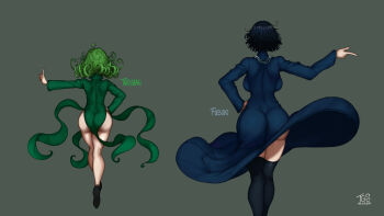 2girls artist_name ass backboob black_legwear blue_hair breasts character_name floating_clothes from_behind fubuki_(one-punch_man) full_body green_hair grey_background highres hip_focus huge_ass medium_breasts multiple_girls no_panties one-punch_man pointing short_hair siblings simple_background sisters tatsumaki telekinesis the_golden_smurf thighhighs thighs white_background wide_hips