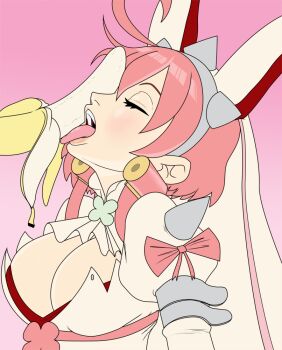 banana breasts cleavage closed_eyes elphelt_valentine fellatio fellatio_gesture food fruit guilty_gear headband large_breasts licking oral pink_hair rabbit_ears short_hair teevo