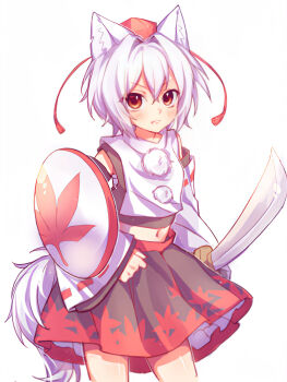 1girl absurdres animal_ear_fluff animal_ears bare_shoulders black_skirt blush breasts clenched_hand closed_mouth commentary cowboy_shot detached_sleeves fang frills hair_between_eyes hat highres holding holding_shield holding_sword holding_weapon inubashiri_momiji leaf_print long_sleeves looking_at_viewer maple_leaf_print navel pom_pom_(clothes) red_eyes red_hat ribbon-trimmed_sleeves ribbon_trim sarashi shield shirt short_hair simple_background skirt sleeveless sleeveless_shirt small_breasts solo standing sword symbol-only_commentary tassel tokin_hat touhou turtleneck turtleneck_shirt user_mmde3543 weapon white_background white_hair white_shirt white_sleeves wide_sleeves wolf_ears wolf_girl