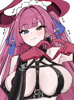 Rule 34 | argar demo, azur lane, blush, breasts, commentary request, demon girl, demon horns, finger heart, gloves, heterochromia, highres, horns, large breasts, large horns, long horns, mecklenburg (azur lane), mecklenburg (branding witchcraft) (azur lane), official alternate costume, pink eyes, pink gloves, pink horns, pointy ears, revealing clothes, simple background, upper body, white background