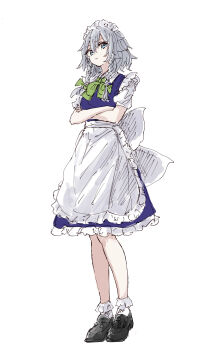 Rule 34 | 1girl, apron, back bow, black shoes, blue dress, blue eyes, bow, bowtie, braid, closed mouth, crossed arms, dress, frilled apron, frilled dress, frills, green bow, green bowtie, hair bow, highres, izayoi sakuya, kashiwada kiiho, looking at viewer, maid, maid headdress, medium hair, one-hour drawing challenge, shoes, short sleeves, simple background, socks, solo, standing, touhou, twin braids, white apron, white background, white bow, white hair, white socks