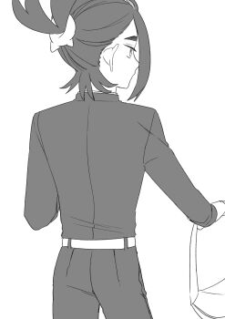 1boy absurdres chair closed_mouth commentary_request from_behind greyscale hairband hand_on_chair highres kieran_(pokemon) looking_to_the_side loose_hair_strand male_focus monochrome naruse_makoto nintendo pokemon pokemon_sv ponytail school_uniform solo white_background