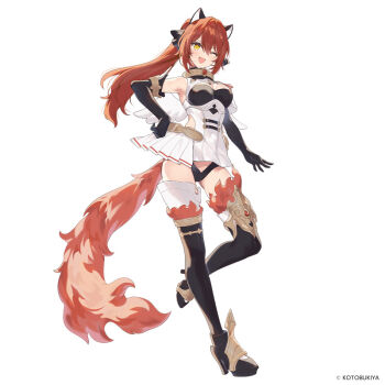 1girl ;d animal_ears arcanadea black_panties boots charmed cleavage_cutout clothing_cutout copyright_name dress elbow_gloves full_body gloves hand_on_own_hip high_heel_boots high_heels kotobukiya long_hair necomi official_art one_eye_closed open_mouth panties ponytail red_hair second-party_source simple_background sleeveless sleeveless_dress smile solo standing standing_on_one_leg tachi-e tail thigh_boots underwear white_background yellow_eyes