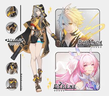1boy 2girls 625light absurdres black_gloves black_hood black_skirt blue_eyes character_name commentary cyrene_(honkai:_star_rail) cyrene_(ripples_of_past_reverie)_(honkai:_star_rail) dress flower gloves grey_hair hair_flower hair_ornament hetero highres honkai:_star_rail honkai_(series) long_hair miniskirt multicolored_hair multiple_girls phainon_(honkai:_star_rail) phainon_(khaslana)_(honkai:_star_rail) pink_hair relic_(honkai:_star_rail) sandals short_hair skirt smile stelle_(honkai:_star_rail) symbol-only_commentary thigh_strap thighs toes trailblazer_(honkai:_star_rail) two-tone_hair very_long_hair white_dress white_hair yellow_eyes