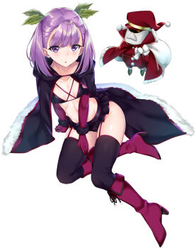 1girl :o automaton_(object) black_thighhighs boots breasts cape collarbone colonel_olcott_(fate) doll fate/grand_order fate_(series) female_focus fur_trim garter_straps hat helena_blavatsky_(fate) highres looking_at_viewer mistletoe nishimi_shin purple_eyes purple_hair sack santa_costume santa_hat short_hair small_breasts solo thighhighs