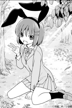 1girl absurdres aizawa_sakuya animal_ears dress fake_animal_ears hair_ornament hairclip hata_kenjirou hayate_no_gotoku! highres kneehighs legs monochrome official_art on_ground rabbit_ears school_uniform shoes short_hair sitting skirt smile socks solo thighs v