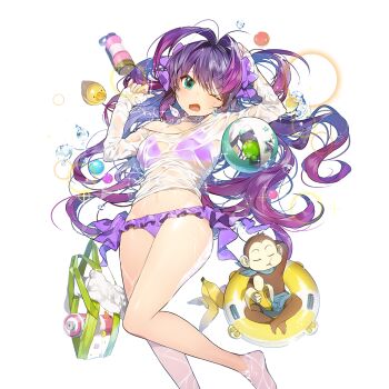 1girl antenna_hair aqua_eyes ball barefoot beachball bikini breasts commentary_request frilled_bikini frills gradient_hair hair_between_eyes innertube large_breasts long_hair lying monkey multicolored_hair on_back pink_hair purple_bikini purple_hair ruka_fuuun see-through_bag see-through_clothes see-through_shirt shirt sukja swim_ring swimsuit uchi_no_hime-sama_ga_ichiban_kawaii white_shirt