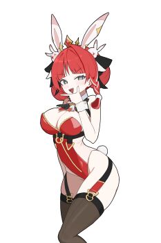1girl animal_ears bare_shoulders black_survival blue_eyes bow braid breasts brown_thighhighs chest_harness cleavage commentary detached_collar double_bun english_commentary eternal_return:_black_survival fake_animal_ears fake_tail garter_straps hair_bow hair_bun hand_up harness highleg highleg_leotard highres justyna_(black_survival) large_breasts leotard long_hair looking_at_viewer official_alternate_costume open_mouth partially_unzipped playboy_bunny pyogo rabbit_ears rabbit_tail red_hair red_leotard see-through_clothes see-through_leotard simple_background single_braid smile solo sparkling_eyes standing strapless strapless_leotard tail thighhighs thighs tiara uneven_eyes v-shaped_eyebrows white_background wrist_cuffs zipper zipper_leotard