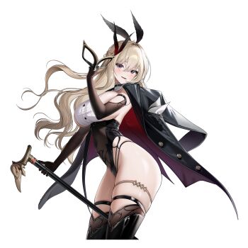 1girl ;d absurdres armband artist_request ass black_gloves blonde_hair blue_armband breasts cane cowboy_shot cropped_legs elbow_gloves eye_mask feather_hair_ornament feathers gloves hair_between_eyes hair_ornament highres holding holding_cane holding_removed_eyewear karasuba_sapphire leotard looking_at_viewer mask official_art one_eye_closed open_mouth poker_fate purple_eyes see-through_clothes see-through_leotard shirt sideboob skindentation smile solo transparent_background unworn_eyewear white_shirt