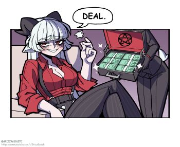 Rule 34 | 2girls, banknote, baphomet (grizz), black horns, breasts, briefcase, cleavage, collared shirt, comic, commentary, currency strap, demon girl, english commentary, english text, evil smile, gloves, goat horns, grizz, helltaker, highres, horns, large breasts, long hair, money, multiple girls, red eyes, red shirt, segmented comic, shirt, sitting, smile, snapping fingers, sparkle, suspenders, white hair