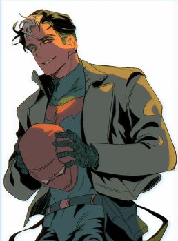 1boy bat_signal batman_(series) batman_symbol black_bodysuit black_gloves black_hair blue_eyes bodysuit brown_jacket commentary dc_comics gardener_gun gloves grey_bodysuit jacket jason_todd male_focus mask multicolored_bodysuit muscular muscular_male open_clothes pants red_hood_(dc) red_hood_and_the_outlaws red_mask short_hair superhero_costume symbol-only_commentary taut_bodysuit two-tone_bodysuit