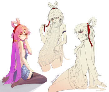 1girl absurdres bare_shoulders blue_sweater blush bow-shaped_hair dress forehead_jewel from_side fu_xuan_(honkai:_star_rail) full_body highres hongam2911 honkai:_star_rail honkai_(series) long_hair looking_at_viewer mihoyo no_shoes pink_hair sitting solo sweater thighhighs very_long_hair wariza white_background