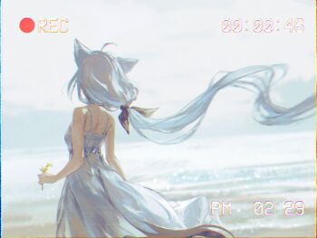 1girl ahoge alternate_costume animal_ears bare_arms beach black_ribbon clothing_cutout commentary_request day dress flower fox_ears fox_girl fox_tail french_commentary from_behind gold_osmanthus hair_ribbon highres holding holding_flower hololive hyde_(tabakko) long_hair low_ponytail outdoors ponytail recording ribbon shirakami_fubuki sky solo sundress tail tail_through_clothes very_long_hair vhs_artifacts viewfinder virtual_youtuber white_dress white_hair