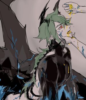 2boys alternate_costume aotu_world black_shirt chinese_commentary crop_top disembodied_hand dragon_boy dragon_horns dragon_tail dripping fangs green_hair grey_background hand_on_another's_chin highres horns implied_yaoi liquid long_hair low_ponytail macchiato_bi_guanzhong male_focus monster_boy multiple_boys open_mouth out_of_frame pointy_ears ponytail red_eyes shirt simple_background sketch solo_focus tail tongue tongue_out wings xander_(aotu_world)