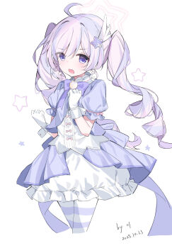 1girl ahoge artist_name blue_archive blush bow chinese_commentary clenched_hands commentary cropped_jacket cropped_legs dated drill_hair earrings eyes_visible_through_hair frilled_skirt frills gloves hair_between_eyes hair_ornament halo hands_up heichuanze highres jacket jewelry long_hair looking_at_viewer magical_girl making-of_available multicolored_hair official_alternate_costume official_alternate_hairstyle open_mouth pantyhose pink_bow pink_hair pink_halo procreate_(medium) puffy_short_sleeves puffy_sleeves purple_eyes purple_hair purple_jacket purple_pantyhose reisa_(blue_archive) reisa_(magical)_(blue_archive) shirt short_sleeves simple_background skirt solo star_(symbol) star_earrings star_hair_ornament star_halo striped_clothes striped_pantyhose twin_drills twintails two-tone_hair white_background white_gloves white_shirt white_skirt white_wrist_cuffs wing_hair_ornament wrist_cuffs