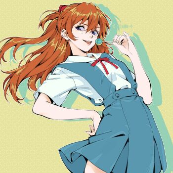 1girl absurdres arched_back artist_name blue_eyes brown_hair candy collared_shirt commentary contrapposto cowboy_shot english_commentary floating_hair food headgear highres lollipop looking_to_the_side narrow_waist neon_genesis_evangelion orange_hair pleated_skirt school_uniform shirt simple_background skirt solo souryuu_asuka_langley tokyo-3_middle_school_uniform upper_body yiiande