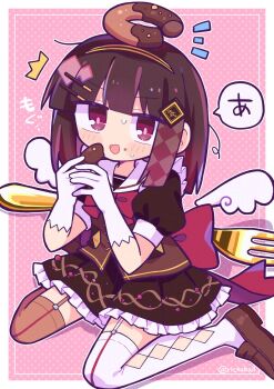 Rule 34 | 1girl, black hair, black skirt, bow, bowtie, brown eyes, brown thighhighs, chocolate, chocolate donut, collar, commentary request, donut, food, gloves, highres, loafers, maid, neckerchief, red bow, red bowtie, richard (richaball), shoes, skirt, solo, speech bubble, spork, thighhighs, white collar, white gloves, white neckerchief, white thighhighs, wings
