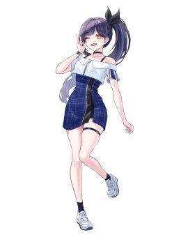 1girl :d ;d absurdres bare_shoulders black_bow black_choker black_hair black_ribbon black_socks blue_dress blue_hair bow choker collarbone commentary dress full_body hair_ribbon hand_up highres isegye_idol jewelry korean_commentary lala_2080 lilpa long_hair looking_at_viewer multicolored_hair off-shoulder_dress off-shoulder_shirt off_shoulder official_alternate_costume one_eye_closed open_mouth orange_eyes plaid_clothes ponytail ribbon shirt shoes short_sleeves simple_background skindentation smile sneakers socks solo standing standing_on_one_leg streaked_hair thigh_strap v very_long_hair virtual_youtuber waktaverse white_background white_shirt white_shoes