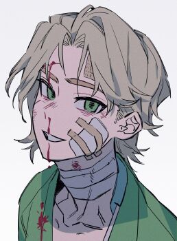 Rule 34 | 1boy, animification, bags under eyes, bandaged neck, bandages, bleeding, blonde hair, blood, blood on clothes, blood on face, commentary request, cuts, dougi, empty eyes, gauze, gauze on cheek, green dougi, green eyes, grin, haaa om007ls, highres, injury, korean commentary, lloyd garmadon, looking at viewer, male focus, ninjago, nosebleed, short hair, simple background, smile, solo, the lego group, upper body, white background