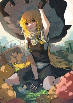 1girl absurdres black_gloves black_skirt black_vest braid commentary_request fingerless_gloves gloves hat highres kinoko_(kino2435006) kirisame_marisa kneeling long_hair mushroom shirt short_sleeves side_braid skirt solo touhou vest white_shirt wide_brim witch_hat