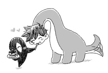 antenna_hair blush_stickers cake cake_slice closed_eyes closed_mouth double-parted_bangs food fork greyscale hair_between_eyes heart herosaurus_(omori) holding holding_fork holding_plate little_one_(omori) monochrome no_humans omori plate short_hair simple_background something_(omori) sun_iiinu