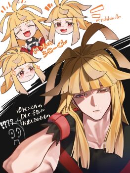 1boy :3 arm_behind_head arm_up black_tank_top blonde_hair blunt_bangs closed_mouth collarbone commentary_request fingerless_gloves gloves hair_intakes highres long_hair male_focus mole mole_under_eye multiple_views nintendo open_mouth pokemon pokemon_legends:_z-a red_eyes red_gloves smile tank_top translation_request tsukikusa_ao twitter_username v-shaped_eyebrows