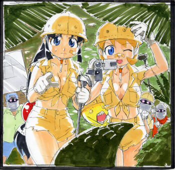 00s 2girls alligator bandaid black_hair blonde_hair blue_eyes camera crocodilian gloves gorigo highres long_hair low-tied_long_hair midriff multiple_girls ninin_ga_shinobuden ninja one_eye_closed onsokumaru shinobu_(ninin_ga_shinobuden) shiranui_kaede shorts traditional_media wink
