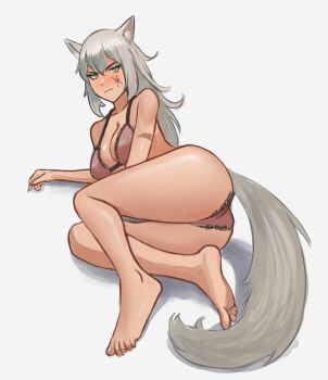 1girl amildbreeze animal_ears aqua_eyes ass bare_arms bare_legs bare_shoulders barefoot blush collarbone facial_tattoo feet fingernails foreshortening glaring grey_hair highres looking_at_viewer lying messy_hair nose_blush on_side original runa_(amildbreeze) scar scar_on_arm shadow shiny_skin sleepwear soles solo tail tattoo toenails white_background wolf_ears wolf_girl wolf_tail