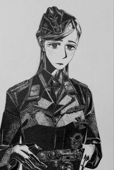 Rule 34 | 1girl, bordfunker133, camera, cross, fingernails, freckles, frown, greyscale, hat, highres, holding, holding camera, iron cross, jacket, leather, leather jacket, looking at viewer, luftwaffe, military hat, military uniform, monochrome, nazi, original, photo (medium), reichsadler, schierholz (bordfunker133), solo, swastika, world war ii