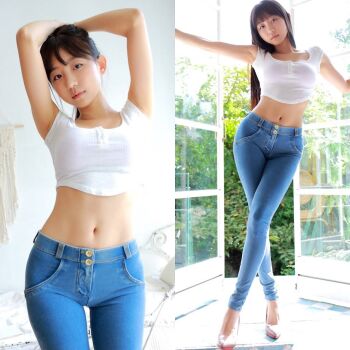 1girl armpits arms_up asian black_hair brown_eyes crop_top crossed_legs denim eunji_(jung_hye-rim) female_focus high_heels indoors korean looking_at_viewer model multiple_views navel pants solo_focus tagme