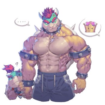 Rule 34 | ..., 2boys, ?, abs, armlet, bad id, bad twitter id, bara, bib, biceps, black shorts, bowser, bowser jr., bracelet, claws, closed mouth, collar, fangs, fangs out, father and child, father and son, furry, furry male, holding hands, horns, jewelry, looking at another, looking to the side, male focus, mario (series), multiple boys, muscular, muscular male, nintendo, parent and child, pectorals, raccoon21, red hair, shorts, speech bubble, spiked armlet, spiked bracelet, spiked collar, spiked shell, spikes, spoken ellipsis, spoken object, topless male, white background