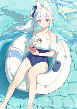 1girl 767014338 absurdres bare_legs barefoot blue_archive blue_halo blue_one-piece_swimsuit blush bottle breasts cellphone cleavage collarbone commentary covered_navel feet_out_of_frame frilled_one-piece_swimsuit frills grey_hair hair_between_eyes hair_ornament halo highres holding holding_phone innertube long_hair looking_at_viewer medium_breasts miyako_(blue_archive) miyako_(swimsuit)_(blue_archive) official_alternate_costume official_alternate_hairstyle one-piece_swimsuit phone ponytail purple_eyes smartphone solo swim_ring swimsuit very_long_hair water wet white_hair