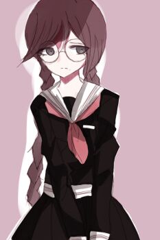Rule 34 | 1girl, araisora, black serafuku, black shirt, black skirt, braid, brown hair, closed mouth, collared shirt, commentary request, danganronpa: trigger happy havoc, danganronpa (series), eyelashes, frown, fukawa toko, glasses, grey eyes, long hair, long sleeves, mole, mole under mouth, neckerchief, purple background, red neckerchief, round eyewear, sailor collar, school uniform, serafuku, shirt, simple background, skirt, skirt set, solo, split mouth, twin braids, twintails, white sailor collar