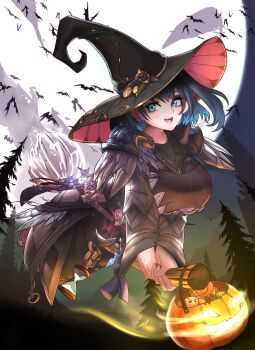bat_(animal) belt blue_eyes breasts broom broom_riding candy chain feathers flying food halloween hat highres hololive hololive_english hourglass jack-o'-lantern large_breasts magic moon night open_mouth ouro_kronii outdoors potion robe skull sky smile tree unstableboiler virtual_youtuber witch witch_hat