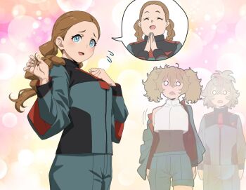 3girls alternate_body_build armpits asticassia_school_uniform blue_eyes bodystocking braid breasts brown_eyes brown_hair closed_eyes covered_navel crop_top crossed_legs felsi_rollo fingerless_gloves gloves gundam gundam_suisei_no_majo hair_between_eyes light_brown_hair lilique_kadoka_lipati long_hair look-alike medium_breasts multiple_girls o_o open_mouth ponytail renee_costa school_uniform short_twintails shorts smile tongue tongue_out twin_braids twintails wakoudo