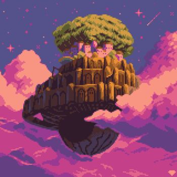 building cloud derivative_work floating_island lowres mirrutatep night night_sky no_humans outdoors pixel_art scenery screenshot_redraw sky tenkuu_no_shiro_laputa tree