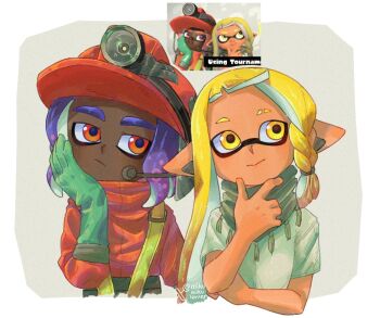 1boy 1girl :/ ariamikukanzaki blonde_hair blue_hair braid commentary dark-skinned_male dark_skin eyebrow_cut flashlight gloves green_gloves green_scarf hand_on_own_chin hard_hat hashtag-only_commentary hat headset helmet hirooooo_(splatoon) jacket nintendo orange_jacket pointy_ears red_eyes red_hat reference_inset scarf side_braid signature smile splatoon_(series) splatoon_3 tentacle_hair veronika_(splatoon) very_dark_skin yellow_eyes