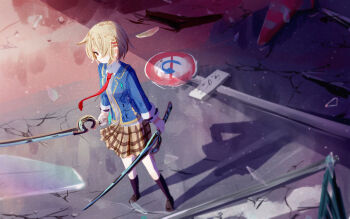 absurdres brown_hair commentary_request dual_wielding hair_over_eyes heaven_burns_red highres holding kayamori_ruka necktie red_eyes road_sign school_uniform shaketamago short_hair sign skirt socks traffic_cone