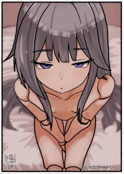 1girl artist_name blush border breasts commentary_request convenient_censoring convenient_hair cowboy_shot doll_joints from_above fuyudori_yukino grey_hair hair_spread_out half-closed_eyes herta_(honkai:_star_rail) highres honkai:_star_rail honkai_(series) joints long_hair looking_at_viewer nude on_bed parted_lips purple_eyes sitting sketch_background small_breasts solo sweat twitter_username v_arms