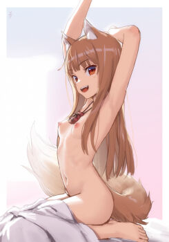 1girl animal_ears armpits arms_up barefoot blush breasts brown_hair completely_nude fang female_focus highres holo jewelry kawakami_rokkaku long_hair looking_at_viewer necklace nipples nude open_mouth pouch red_eyes revision sitting small_breasts smile solo spice_and_wolf stretching tail wariza wolf_ears wolf_girl wolf_tail