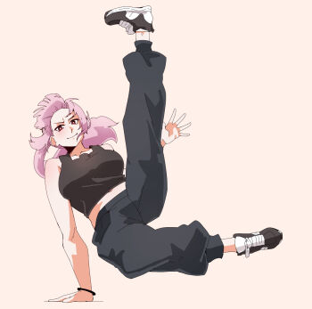 1girl alternate_costume black_shoes breasts bright_pupils closed_mouth collarbone commentary crop_top english_commentary eyelashes full_body grey_pants grey_shirt highres hololive hololive_english leg_up long_hair lord_joeboto midriff mori_calliope pants pink_hair ponytail red_eyes shirt shoelaces shoes simple_background smile solo sweatpants virtual_youtuber white_background white_pupils