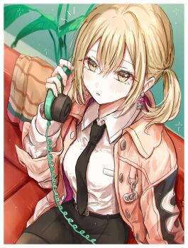 Rule 34 | 1girl, azusawa kohane, black necktie, black skirt, blonde hair, blush, border, collared shirt, commentary, corded phone, couch, cowboy shot, double-parted bangs, hair between eyes, highres, holding, holding phone, jacket, long hair, long sleeves, necktie, open clothes, open jacket, parted lips, pencil skirt, penny pany, phone, pink jacket, plant, project sekai, shirt, sidelocks, sitting, skirt, solo, sparkle, symbol-only commentary, twintails, white border, white shirt