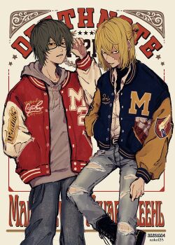 Rule 34 | 2boys, belt, black boots, black jacket, blonde hair, boots, character name, collared shirt, commentary request, copyright name, dated, death note, denim, feet out of frame, goggles, grey hair, grey hoodie, hair between eyes, hair bun, half updo, hand in pocket, highres, hood, hood down, hoodie, jacket, jacket over hoodie, jeans, letterman jacket, looking at viewer, male focus, matt (death note), mello (death note), multiple boys, no eyebrows, noko (noko1280), pants, parted lips, red jacket, shirt, short hair, smile, torn clothes, torn pants, twitter username, white shirt, white sleeves, yellow sleeves