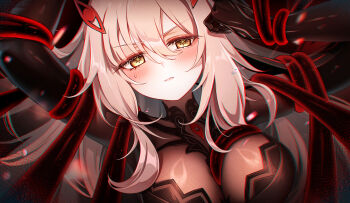 1girl arms_up blonde_hair blush bodystocking breasts closed_mouth commentary genshin_impact highres karen_(navy_42) large_breasts long_hair looking_at_viewer restrained ronova_(genshin_impact) solo symbol-only_commentary upper_body yellow_eyes