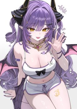 1girl arm_support artist_name bandaid bandaid_on_arm bare_shoulders black_bow blunt_bangs bow breasts chest_tattoo cleavage collarbone commentary crescent crop_top diamond_(shape) dolphin_shorts dragon_girl dragon_horns dragon_tail dragon_wings fangs fingernails front-tie_shorts gem gold_necklace hair_between_eyes hair_intakes hair_ornament hairclip hand_up heart horns jewelry kkato large_breasts leg_tattoo long_fingernails long_hair looking_at_viewer midriff nail_polish navel necklace open_hand open_mouth parallel_hairclips pink_gem pointy_ears purple_hair purple_nails sakihane_huya shirt short_shorts shorts simple_background sitting sleeveless sleeveless_shirt slit_pupils smile solo stellive symbol-only_commentary tail tattoo thighs two_side_up very_long_hair virtual_youtuber waving white_background white_shirt white_shorts wings yellow_eyes